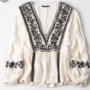 AE Long Sleeve Embroidered Top, Cream & Black
